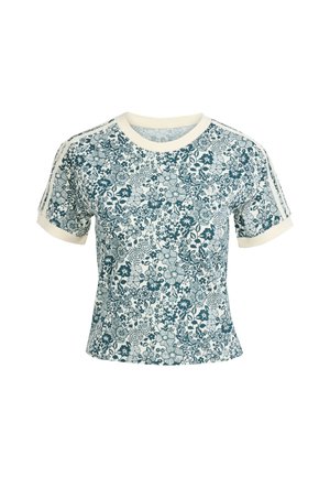 T-shirt a maniche corte con motivo floreale in verde e crema, dotato di collo rotondo e dettagli a costine sulle maniche e sull'orlo. Materiale in misto cotone.