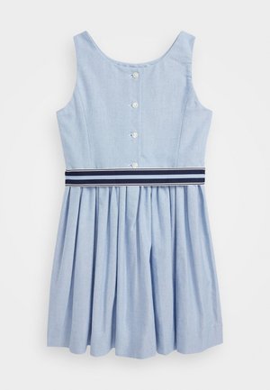Light blue sleeveless dress featuring a fitted bodice, button closure, pleated skirt, and a striped navy belt accent at the waist.