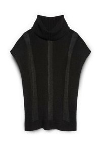 Suéter negro de cuello alto con mangas cortas, con textura acanalada y diseño de rayas verticales. Tejido de punto suave, silueta relajada.