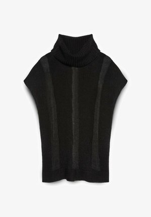 Schwarzer Rollkragenpullover mit kurzen Ärmeln, mit gerippter Textur und vertikalem Streifenmuster. Weiches Strickgewebe, entspannte Silhouette.