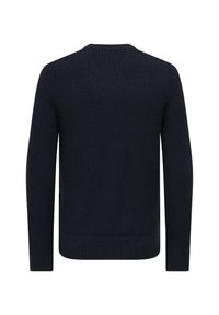 Maglione lavorato a maglia di colore blu scuro con maniche lunghe, polsini e vita a coste, caratterizzato da un collo rotondo e un motivo testurizzato su tutta la superficie.