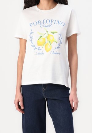 White cotton t-shirt with a crew neck, featuring a colorful print of lemons and "PORTOFINO Coast" text in blue. Short sleeves, relaxed fit.