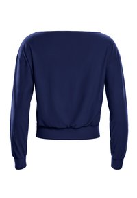 Marineblaues Pullover-Oberteil mit langen Ärmeln, das eine lockere Passform und einen gerafften Saum in der Taille aufweist. Glatte Stofftextur.