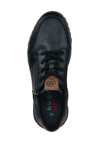 Schwarzer Lederschuh mit strukturiertem Oberflächen, runder Zehenpartie, Schnürsenkeln, seitlichem Reißverschluss und braunem Lederakzent an der Ferse.