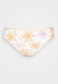 Floral bikini bottom featuring pastel-colored flowers on a white background, with subtle ribbed texture and soft, elastic waistband.