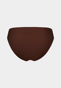 Bruine bikini broek met een gladde, matte textuur. Bevat een low-rise ontwerp en een ronde, naadloze vorm. Geen zichtbare patronen of hardware.