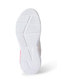 Weißer Sneaker-Sohle mit strukturiertem Grip, versehen mit einem rosa Akzent und subtilen geometrischen Mustern. Leichtes, flexibles Gummimaterial.
