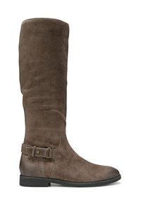 Botte haute en suède marron avec une finition lisse, dotée d'une sangle latérale avec une boucle et d'une semelle en caoutchouc plate pour plus de stabilité.