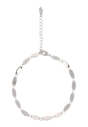 Ezüst karkötő ovális, lapos szemekből, amelyeket apró, kerek szemek kötnek össze, és állítható láncszemmel van ellátva.