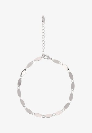 Srebrna bransoletka z owalnymi, płaskimi ogniwami połączonymi małymi, okrągłymi ogniwami oraz regulowanym zapięciem na łańcuszku.