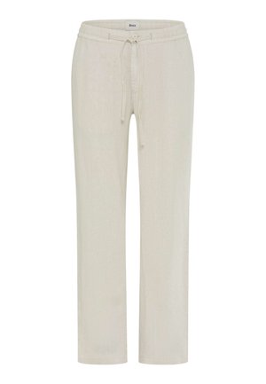 Beige Freizeithose mit elastischem Bund und Kordelzug, geradem Bein und feiner Textur.