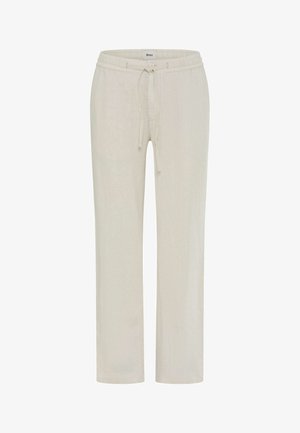 Beige Freizeithose mit elastischem Bund und Kordelzug, geradem Bein und feiner Textur.