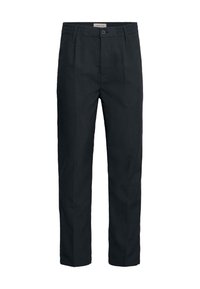 Schwarze Hosen aus Baumwollmischung, mit flachem Vorderteil, Bund mit Gürtelschlaufen und geradem Schnitt. Minimalistisches Design ohne Muster.