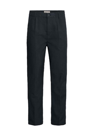 Black trousers made of cotton blend, featuring a flat front, waistband with belt loops, and straight leg cut. Minimalist design with no patterns.