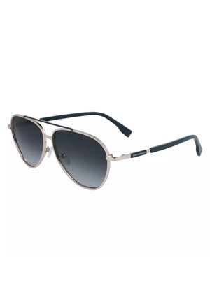 Occhiali da sole aviator in metallo con lenti grigie sfumate, montatura dorata e punte delle astine blu scuro. Presentano naselli regolabili e dettaglio del logo.