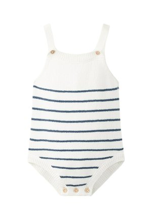 Barboteuse bébé en tricot blanc avec rayures horizontales bleu marine, bretelles, boutons en bois aux bretelles et à l'entrejambe pour la fermeture.