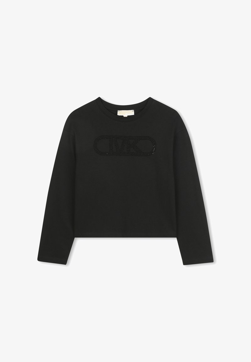 Fekete, rövidített, hosszú ujjú pulóver, pamutból készült, elülső részen texturált, strasszkő logó mintával. Egyszerű, kerek nyakkivágás.