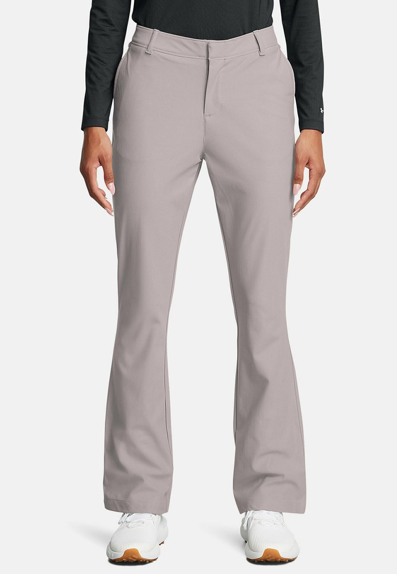 Light gray tailored pants with a flat front, features front pockets and a straight leg design. Worn with white athletic shoes.