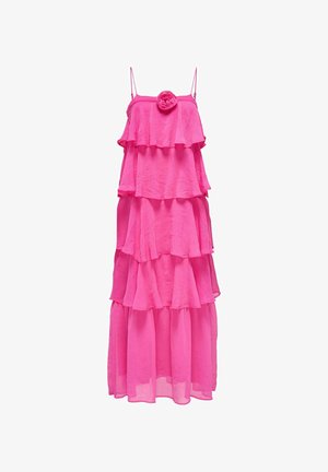 Lyserød, lagdelt maxi-kjole med tynde spaghettistropper og en blomsterdetalje ved halsen. Lavet af let, gennemsigtigt stof med en blød tekstur.