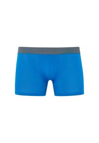 Blue boxer shorts made of smooth fabric, featuring a gray waistband with embossed "LONDON" text. The design is fitted with a mid-thigh length.