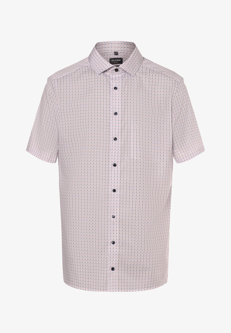 Short-sleeve shirt in light pink with a patterned design. Features a collar and dark buttons, made from soft fabric.