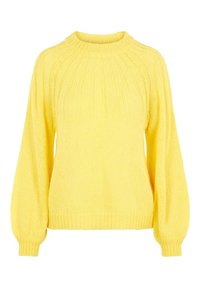 Yellow knitted sweater with a crew neck, ribbed texture, and balloon sleeves. Features a loose fit and wide hem for comfort.