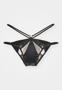 Lingerie noire avec un devant en satin et des panneaux en dentelle sur les côtés, doté de plusieurs fines bretelles croisées dans le dos et d'accents en métal décoratifs.