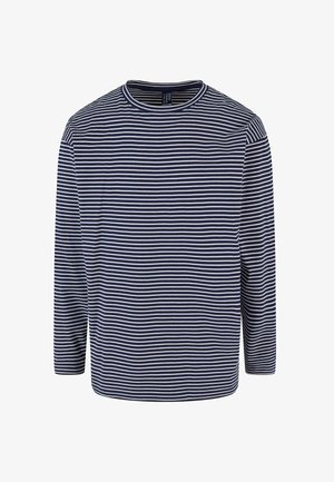 Maglietta a maniche lunghe blu navy con strisce orizzontali bianche, scollatura rotonda e una vestibilità comoda. Realizzata in un tessuto morbido ed elasticizzato.