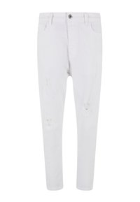 Biezi denim džinsi ar šauru piegriezumu, ar nolietojuma detaļām priekšā, piecu kabatu dizainu un pogu aizdares jostā.