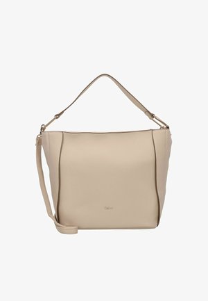 Sac hobo beige en simili cuir texturé avec une seule bandoulière et une bandoulière croisée détachable. Présente un logo discret à l'avant.