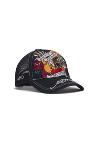 Schwarze Baseballmütze mit Netzrücken, mit farbenfroher Stickerei eines Adlers, Rosen und dem Text "Brave Hearts Stay True". Weiße Nähte setzen Akzente.