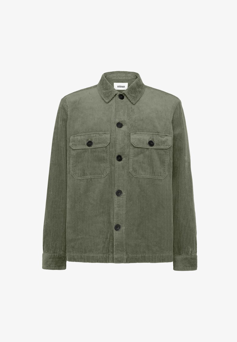 Giacca in corduroy verde oliva con colletto, due tasche anteriori sul petto e chiusura a bottoni. Presenta righe verticali e bottoni neri.