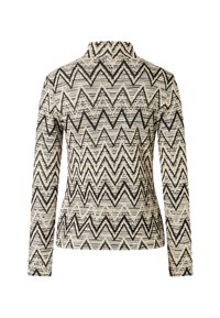 Langarmjacke mit Zickzackmuster in Schwarz und Beige, aus strukturiertem Material, mit Kragen und tailliertem Schnitt.