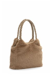 Brown faux fur handbag with two braided leather handles, displayed against a white background.