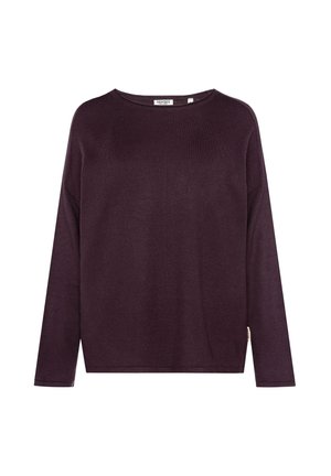 Pflaumenfarbener Strickpullover mit langen Ärmeln, rundem Halsausschnitt und lockerer Passform. Verfügt über eine dezente Textur und ein Etikett auf der linken Seite.