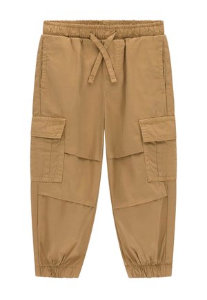 Pantalon cargo beige avec taille et poignets élastiques, poches fendues à l'avant et poches cargo latérales à rabat.