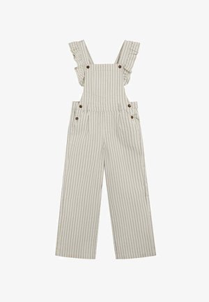 Gestreepte schouderbanden in licht crème met ruches, grote zakken en knoopaccenten. Gemaakt van zachte stof met een wijde pijpen ontwerp.