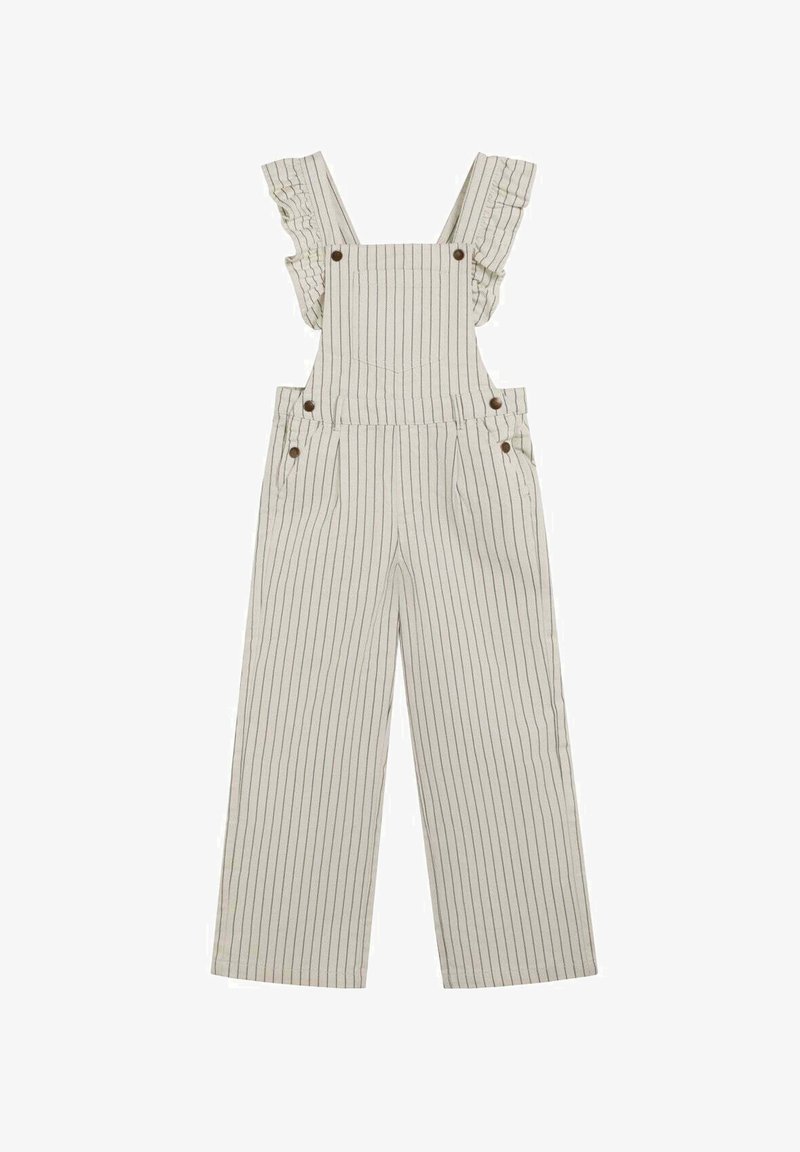 Gestreepte schouderbanden in licht crème met ruches, grote zakken en knoopaccenten. Gemaakt van zachte stof met een wijde pijpen ontwerp.