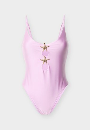 Ροζ ολόσωμο μαγιό με λεπτές τιράντες, που διαθέτει δύο μικρές χρυσές διακοσμήσεις σε σχήμα αστερία στο κεντρικό άνοιγμα μπροστά.