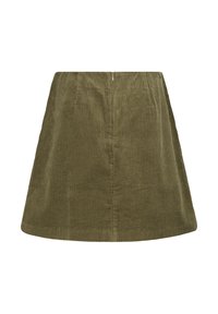 Hameggio in velluto a coste verde oliva con silhouette svasata, caratterizzato da righe verticali, chiusura con zip sul retro e una texture liscia.