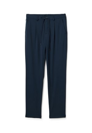 Navyblaue Geradeschnitt-Hosen mit Seiten Taschen, Gürtelschlaufen und einem Kordelzug am Bund auf weißem Hintergrund.