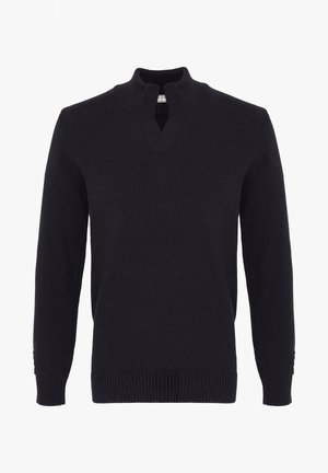 Czarny dzianinowy pulower z długim rękawem, z prążkowanym stójkowym kołnierzem i krótkim rozcięciem z przodu na białym tle.