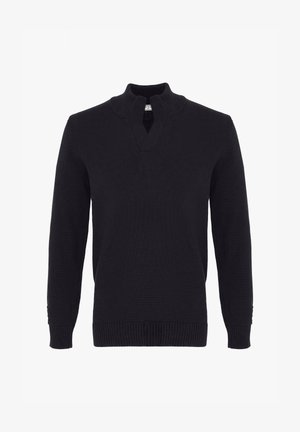 Czarny dzianinowy pulower z długim rękawem, z prążkowanym stójkowym kołnierzem i krótkim rozcięciem z przodu na białym tle.