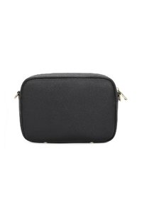 Borsa da trucco in pelle nera con superficie texturizzata, forma rettangolare, chiusura a zip e dettagli in metallo color oro.