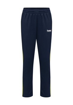 Marineblauwe joggingbroek gemaakt van zachte stof, voorzien van een elastische tailleband, contrasterende groene zijstrepen en een klein wit logo aan de voorkant.
