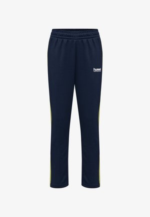 Marineblauwe joggingbroek gemaakt van zachte stof, voorzien van een elastische tailleband, contrasterende groene zijstrepen en een klein wit logo aan de voorkant.