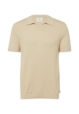 Beige short-sleeve knit polo shirt with textured pattern, ribbed cuffs and hem, and a small brand tag on the side seam.