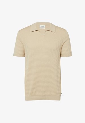 Beige short-sleeve knit polo shirt with textured pattern, ribbed cuffs and hem, and a small brand tag on the side seam.
