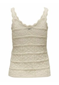 Cream-colored crochet tank top with scalloped edges and intricate geometric lace patterns throughout.