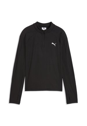 Czarna sportowa bluza z długim rękawem, suwakiem do ćwiartki, otworami na kciuki i białym logo Puma na górnej lewej części klatki piersiowej.